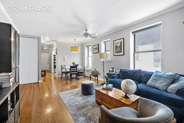 living area featuring a ceiling fan, baseboards, light wood-style floors, and crown molding