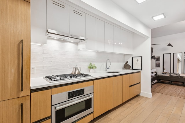 kitchen with stainless steel appliances, tasteful backsplash, light wood-style flooring, a sink, and under cabinet range hood