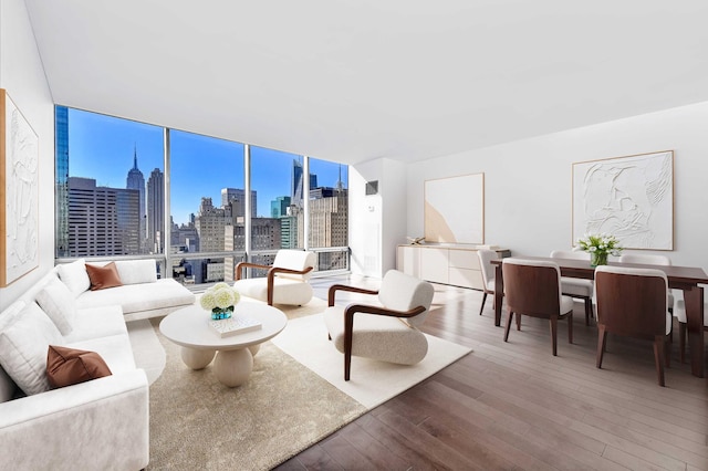 living room with a view of city, a wall of windows, and wood finished floors