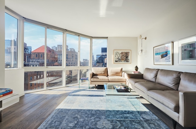 living area with a view of city, wood finished floors, and a wall of windows