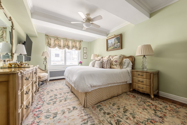 bedroom featuring a ceiling fan, radiator heating unit, baseboards, and ornamental molding