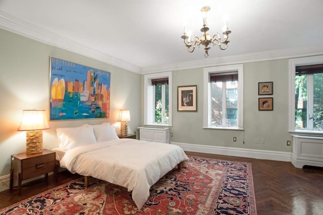 bedroom with baseboards, ornamental molding, and a notable chandelier