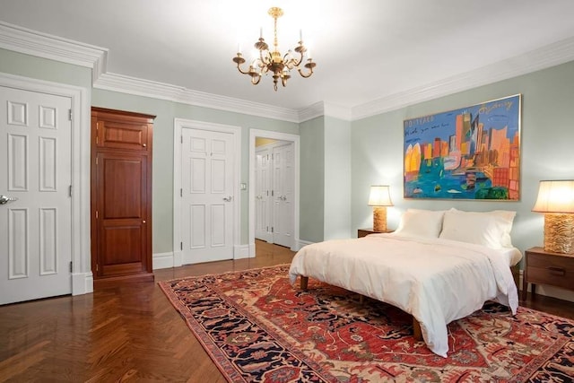 bedroom featuring crown molding, a notable chandelier, and baseboards