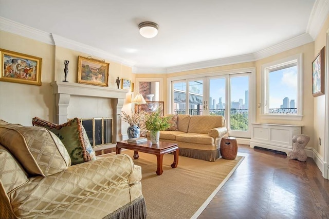 sitting room featuring a view of city, a fireplace, and crown molding