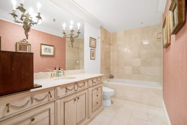 full bathroom with toilet, vanity, tiled shower / bath, ornamental molding, and tile patterned floors