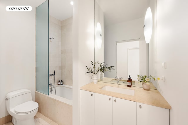 full bathroom with visible vents, toilet, shower / tub combination, tile patterned floors, and vanity