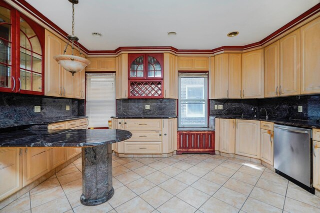 kitchen with light tile patterned floors, glass insert cabinets, backsplash, and dishwasher