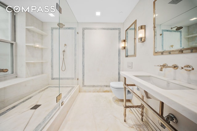 bathroom with vanity, a walk in shower, and toilet