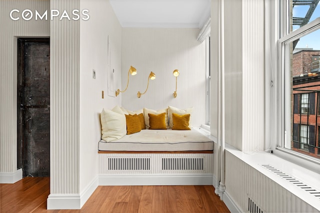 interior space featuring visible vents, baseboards, radiator, and wood finished floors