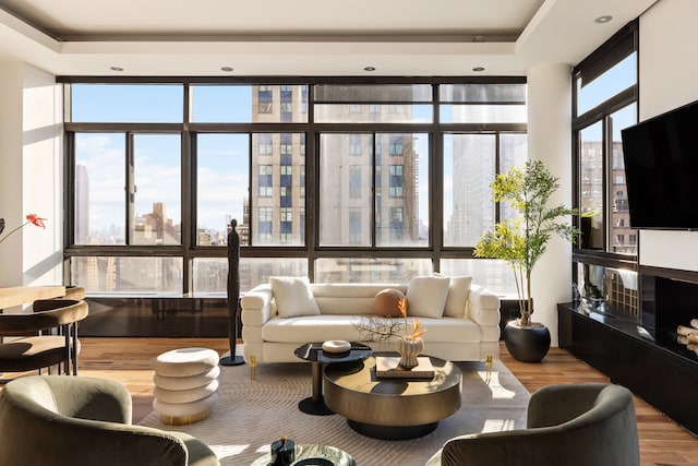 interior space featuring a view of city, a wall of windows, and wood finished floors