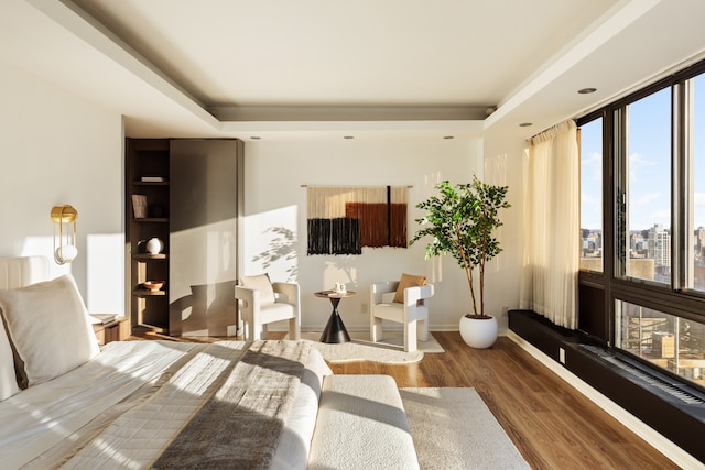 bedroom with a tray ceiling and wood finished floors