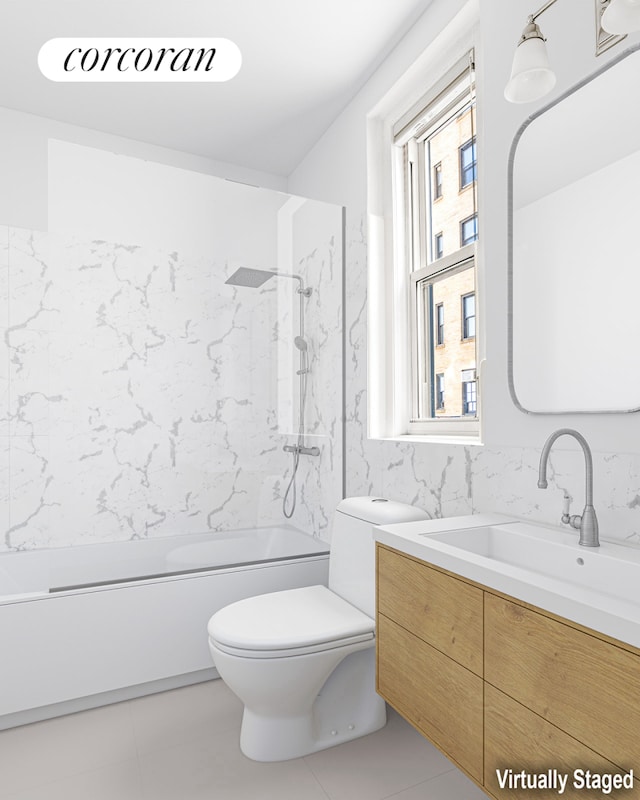 full bath with toilet, bathing tub / shower combination, and vanity