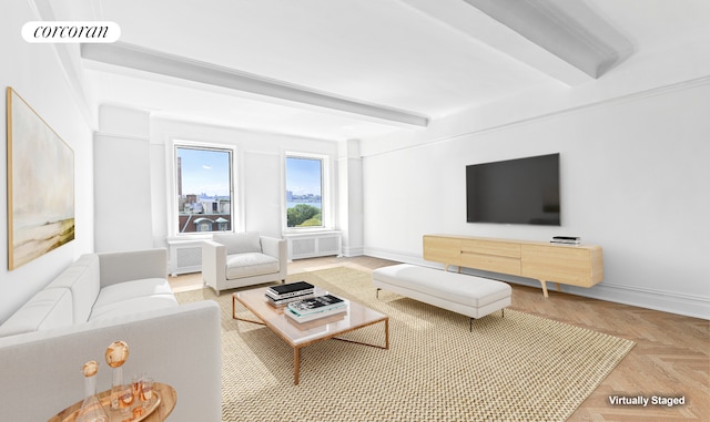 living room with beamed ceiling, visible vents, and baseboards