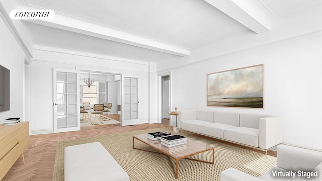 living room with baseboards, a chandelier, beam ceiling, and visible vents