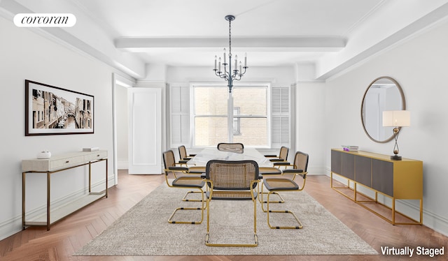 dining area with a chandelier, beamed ceiling, visible vents, and baseboards
