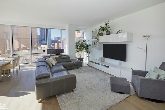 living area featuring a wall of windows and wood finished floors