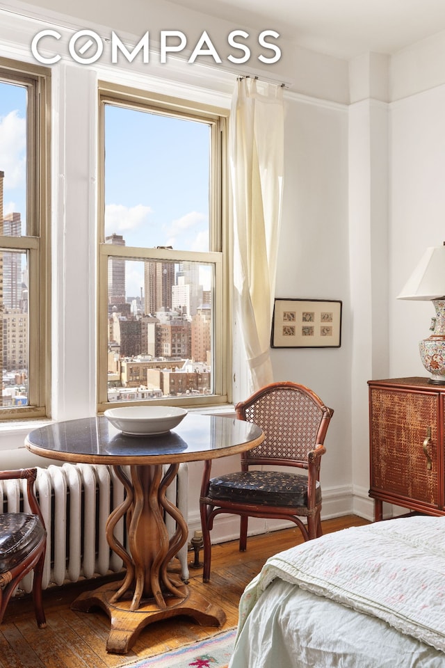 bedroom featuring multiple windows, a view of city, and radiator heating unit