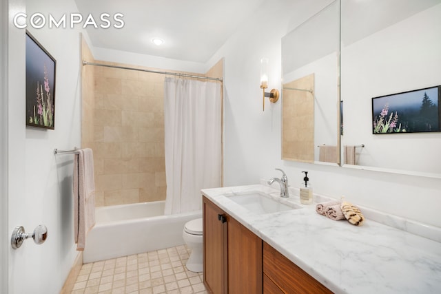 bathroom featuring shower / bath combo, vanity, and toilet