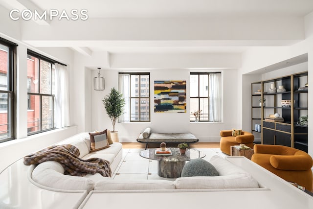 living area featuring baseboards and wood finished floors