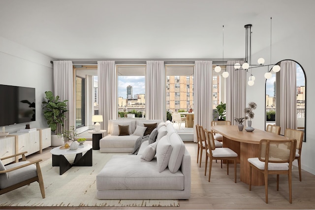 living room with a view of city, a notable chandelier, and wood finished floors