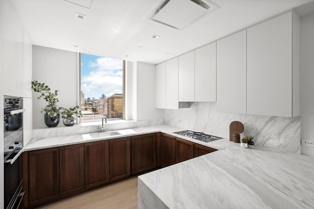 kitchen with light stone countertops, light wood-style floors, modern cabinets, tasteful backsplash, and a sink