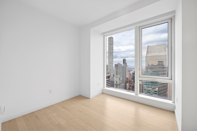 spare room with baseboards and wood finished floors