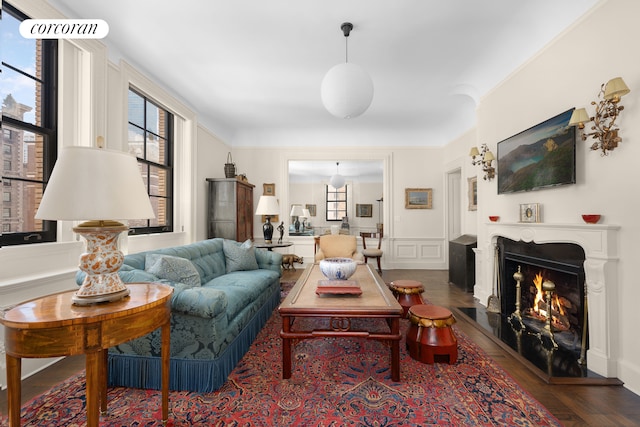 living area with dark wood finished floors, a decorative wall, wainscoting, and a warm lit fireplace