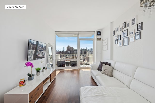 living room with a wall of windows and dark wood-style floors