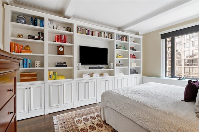 bedroom featuring dark wood-type flooring and beamed ceiling