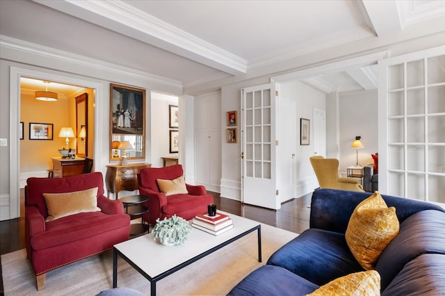 living area featuring ornamental molding and wood finished floors