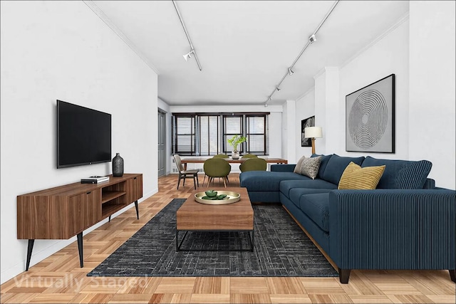 living room with baseboards and track lighting