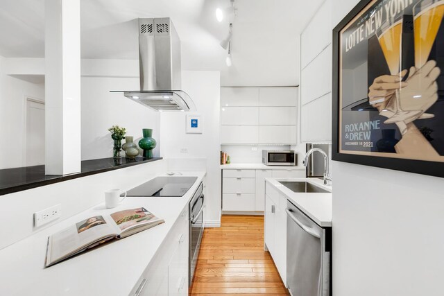 kitchen featuring white cabinets, light wood finished floors, stainless steel appliances, island range hood, and modern cabinets
