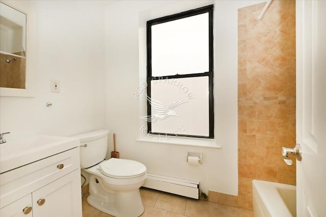 bathroom featuring toilet, bathing tub / shower combination, a baseboard radiator, tile patterned flooring, and vanity