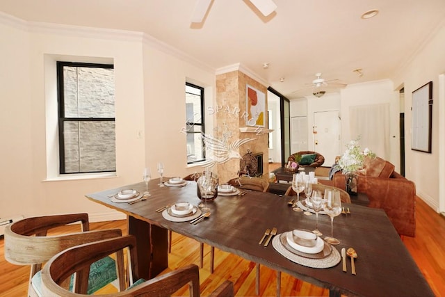 dining space with baseboards, crown molding, ceiling fan, and wood finished floors