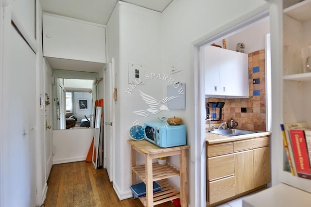 hallway featuring a sink and wood-type flooring