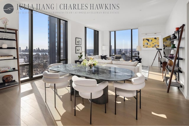dining room featuring expansive windows, hardwood / wood-style flooring, and a view of city