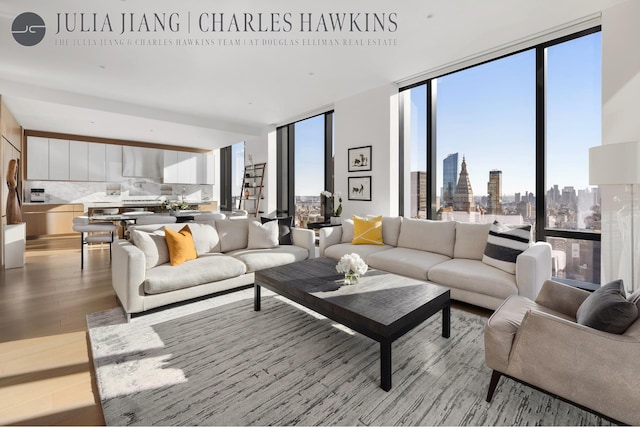 living area with expansive windows, light wood-style flooring, and a view of city