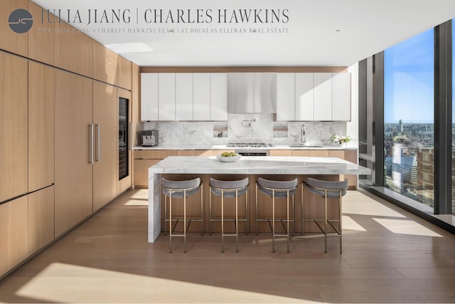 kitchen with a kitchen breakfast bar, tasteful backsplash, light wood finished floors, and range hood