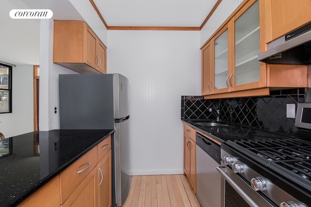 kitchen featuring light wood finished floors, appliances with stainless steel finishes, a sink, dark stone countertops, and under cabinet range hood