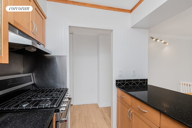 kitchen with stainless steel range with gas cooktop, tasteful backsplash, light wood-style flooring, dark stone counters, and under cabinet range hood