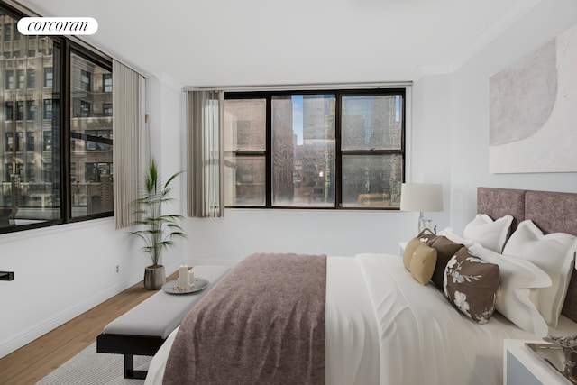 bedroom featuring multiple windows, baseboards, and wood finished floors