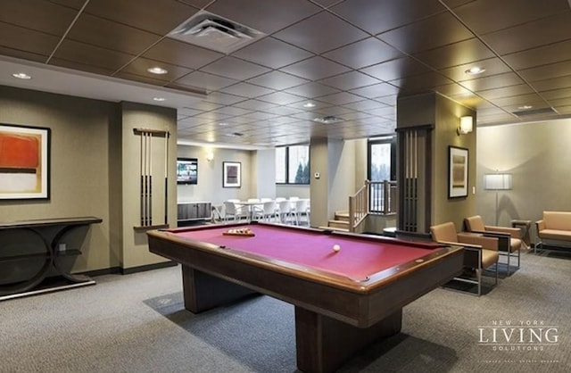 rec room with a paneled ceiling, visible vents, carpet flooring, billiards, and baseboards