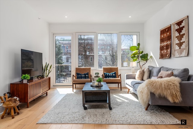 living area with hardwood / wood-style floors and recessed lighting