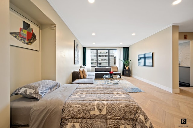 bedroom featuring recessed lighting, baseboards, and ornamental molding