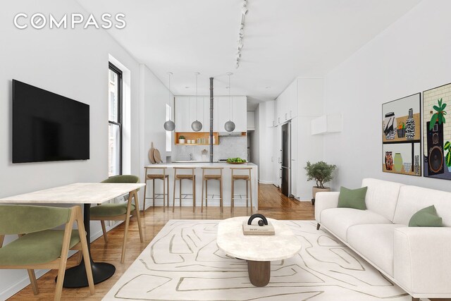 living area featuring track lighting and light wood-style floors