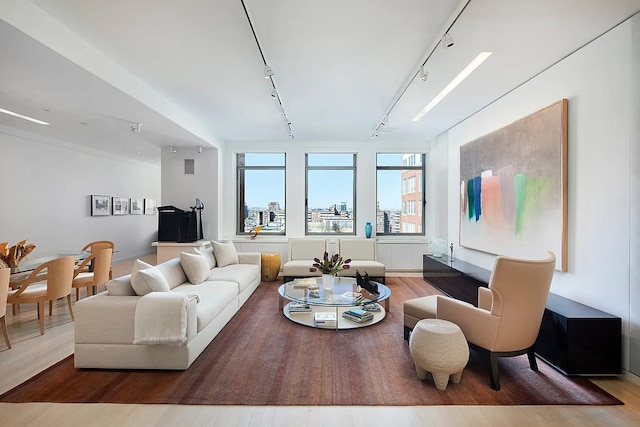 living area featuring a city view, track lighting, and wood finished floors