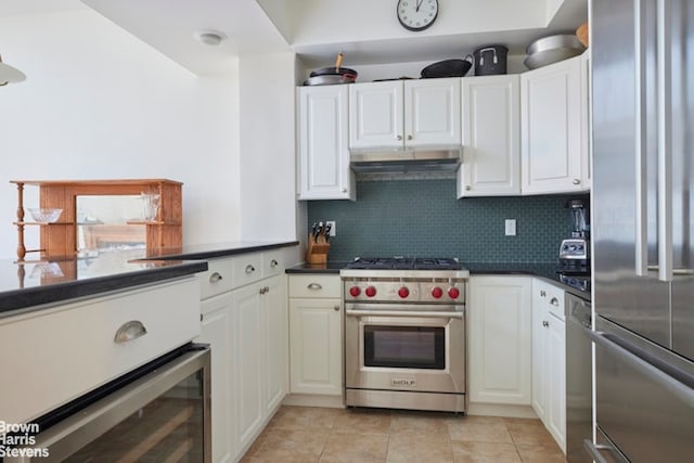 kitchen featuring tasteful backsplash, appliances with stainless steel finishes, dark countertops, and under cabinet range hood