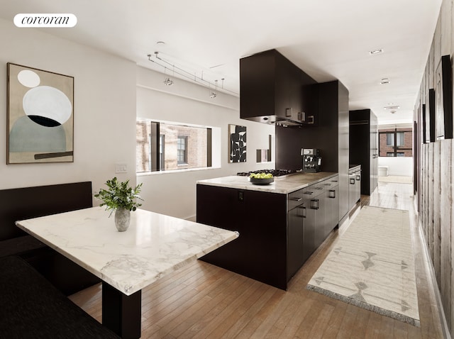 kitchen featuring dark cabinetry, modern cabinets, light wood-style floors, and stainless steel gas cooktop