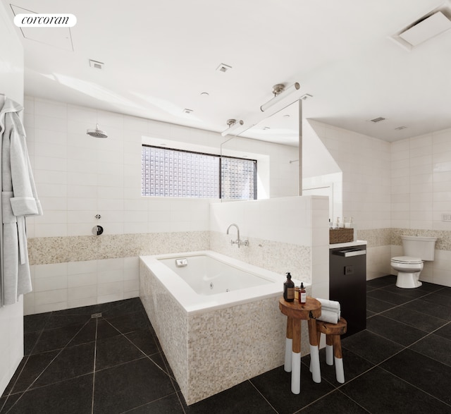 full bathroom with tile walls, tile patterned floors, a jetted tub, a walk in shower, and toilet
