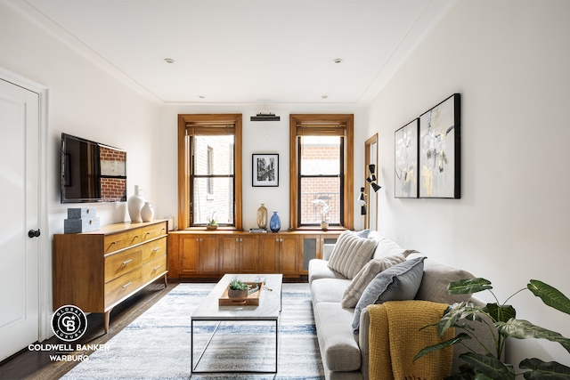 living area with wood finished floors and ornamental molding